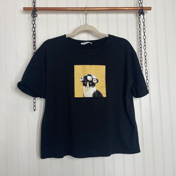 Zara/Carlson Black High Rise Velour Velvet Pants & Short Sleeve T-Shirt Size L - Picture 2 of 11